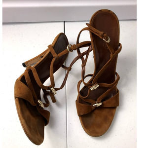 Gucci Brown Suede Strappy Heeled Sandals with Gold Accents